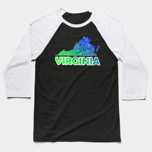 Colorful mandala art map of Virginia with text in blue and green Baseball T-Shirt